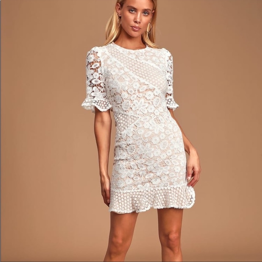 Lulus My Dearest White Lace Short Sleeve Mini Dress